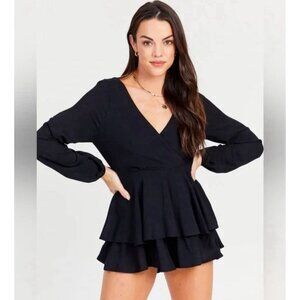 Altar’d State Black Long Sleeve Tie Back Romper Jumpsuit Ruffle Shorts Large